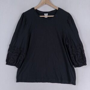 Chico's Knit Top Size 3 US XL Black 3/4 Puff Eyelet Sleeve Cotton Slub Knit